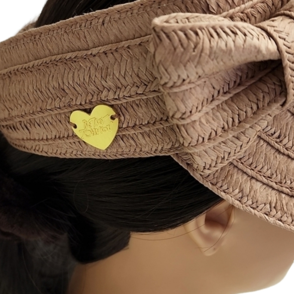 BETSEY JOHNSON Blush Mauve Paper Hat Cabow Cutie Straw Sun Visor Wide Brim - Picture 5 of 16